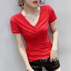 댄스복 상의 핫피스 브이넥 반팔 망사 스판 티셔츠 라인댄스복 F2023