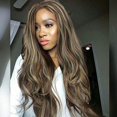AISI QUEENS 여성용 긴 곱슬 물결 모양의 가발 현실적인 하이라이트 헤어 믹스 컬러 허니 브라운 사이드 파트 가발 여성용 내열성 합성 헤, 단일상품, 단일상품
