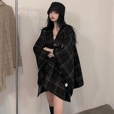 블랙 체크 가죽 벨트 하프 숄 케이프 망토 가디건 코트 자켓