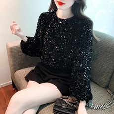 반짝이는 스팽글 벨벳 바닥 셔츠 패셔너블하고 고귀한 스타일의 탑 2023 가을 겨울 여성을 위한 새로운 긴팔 다용도 탑