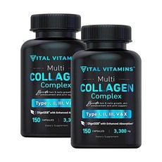 Vital Vitamins 바이탈 비타민 멀티 콜라겐 복합 타입 I II III V X 잔디 피드 150캡슐, 50.0 Servings (Pack of 2), 150개, 1개