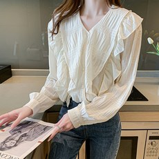 제이에프케이 모엘 프릴 브이넥 블라우스
