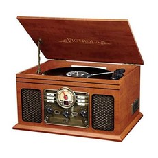 턴테이블 Victrola 6-in-1 Nostalgic Bluetooth Record Player with 3-Speed Turntable Farmhouse Shiplap Grey 1SFA (VTA-200B-FSG), Color = Mahogany