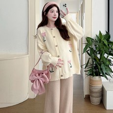 봄가을 임산부 니트 가디건 빅사이즈 패션 임부복 하객룩 데일리 플라워 도톰 임부 코트 스웨터 YJW