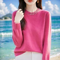 ROYALBELLE 여성용 가을 겨울 진주 장식 라운드넥 캐시미어 혼방 스웨터 A0122318