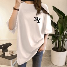 [1+1] 스타일아유 여성 여름 오버핏 반팔 티셔츠 빅사이즈 NY 여자 루즈핏 롱박스티셔츠 - 이미지 4