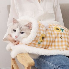 고양이 망울 망토담요 기모 후드 곰돌이 해바라기 트리 체크 격자무늬 수면 이불 잠옷 파자마 방석 강아지 겸용 소형견용 반려동물 보온방한 가을 겨울, 해바라기 체크 무늬, 1개