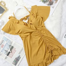 ~5xl 빅사이즈 플러스 라지 사이즈 호텔 호캉스 온천 실내 러플 원피스 수영복, 생강