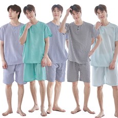 홈웨어 남성용 체크엠보 반팔 잠옷 상하의 세트