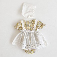 [당일발송]베스더스 유아 여아 아기슈트 북유럽풍 엔틱 플라워 뷔스티에 보넷 3종세트