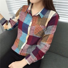 여성 린넨 체크 가을 셔츠 블라우스