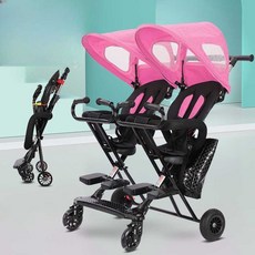 블라썸즈 쌍둥이트라이크 2인용 산책 시트 접이식 유모차 연년생 트윈 휴대용 경량 유모카 쌍둥이 다둥이, 검정+아마분홍+대형발판(2인)+대형타이어