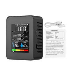 5 인 1 실내 공기질 모니터 CO2 검출기 포름알데히드 HCHO TVOC 테스터 LCD 온도 습도 측정기 알람 미터, 1개, 02 Black, 01 Black