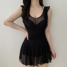 VANANA2 여성 섹시 로맨틱 시스루 프릴 원피스 모노키니 수영복, 원칼라