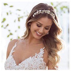 SWEETV Gold Bridal Headband Bohemian Headpiece Crystal Pearl Hair Vine Flower Halo Wedding Hair Acce, 10.25 Inch_Gold