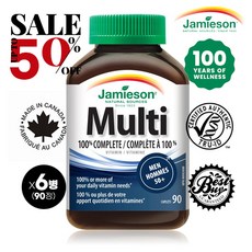 캐나다 국민 브랜드 1위 Jamieson 자미에슨 최대 60% 5+1 100% 컴플릿 50세이상 성인 남성 멀티 종합비타민 100% Complete Multivitamin, 90캡슐(정 x 50세이상 성인남성 - 6병(5+1), 6개, 90정