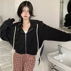 Deeptown-하라주쿠 단색 크롭 후드 여성 힙합 집업 오버사이즈 스웨터 빈티지 루즈 캐주얼 탑스 한국 패션 코트
