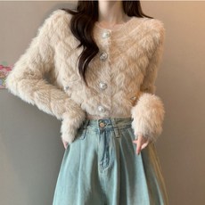 나나뽕 요성 왕진주알단추 앙고라 퍼 체크 가디건