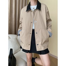 Ycbefor 여자 트렌치코트 봄 가을 싱글버튼 가죽 카라넥 미디 패치워크 캐주얼 코트