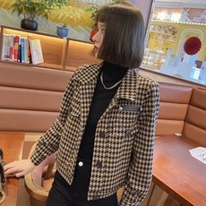 여성용 하운드 체크 숏 자켓 빈티지 작은키 캐주얼 여자 재킷 상의 쇼트 코트 패션 봄가을 여성 트위드 자켓 QXX