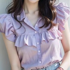 해피유통 여여름 프릴 퍼플 퍼프 블라우스 LWJ
