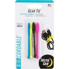 Nite Ize 나이트 아이즈 기어 타이 코더블 코드 관리 + 보관을 위한 스트레치 루프가 있는 재사용 가능한 오리지널 고무 트위스트 타이 3인치 다양한 색상 4팩 메이드