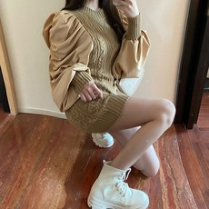 [M~4XL]배색 퍼프 골지 미니 니트 원피스
