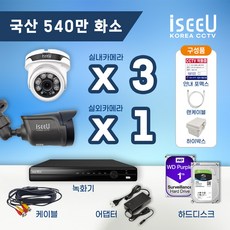 iseeU 국산 CCTV 세트 540만화소 고화질 실내 실외 자가설치, 14. 실내카메라3대+실외카메라1대+어댑터+케이블4개, 5. CCTV전용 하드디스크 4TB, 1개 - 하이크비전4채널녹화기