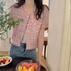 아이엠몽 여성 라운드넥 반팔 트위드 자켓