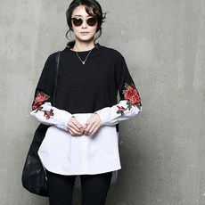하루메이비 A296 배색 소매 플라워 자수 블라우스