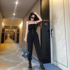 여성 점프수트 섹시 힙합 지퍼 포켓 튜브탑 조거팬츠