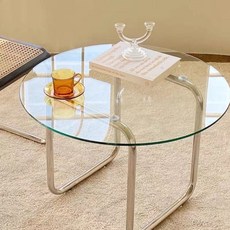 북유럽 거실 소파 인테리어 투명 강화유리 라운드 원형 테이블, 조립식 + 투명 덧글래스 70x 40