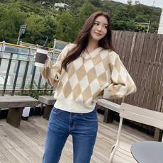 여자 가을 아가일 다이아 브이넥 긴팔스웨터 니트