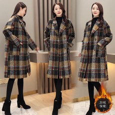 하프기장 셋업 무드 체크무늬 모직코트 여성 겨울 가을 두터운 융털