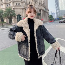 [해외배송] 데님 후리스기모 램스울 데님 코트 여 2020 가을 겨울 루즈핏 학생 100-62291