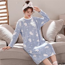 긴 소매 플란넬 잠옷치마 여성 겨울 가을 계절 롱 무릎넘어 빅사이즈 잠옷 큐트 소녀 프린세스 임부 긴팔 파자마