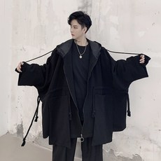 남자 블랙 캐주얼 패션 오버핏 후드 로브 집업 재킷
