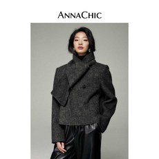 짙은 회색 스카프 칼라 양면 모직 쇼트 코트