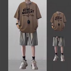 남성용 여름 캐주얼 빈티지 프린트 반팔티 허리밴딩 청반바지 투피스 데일리룩 슬림