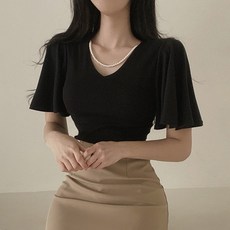 [줄리엔느] 여성 라운드넥 주름 소매 반팔 티셔츠