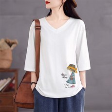 TKX 티셔츠 여성 7부소매 티셔츠 브이넥 빅사이즈 반팔티 이너 칠부티셔츠 얇은 루즈핏 시원한 여름면티