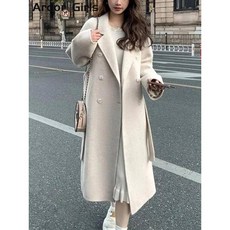 모직 자켓 벨트 코트 여성 긴팔 더블 노치드 롱 가을 루즈 아우터