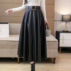 여성용 레더 플리츠 롱스커트 빈티지 솔리드 PU 가죽 우아한 벨트 미디 스커트 가을 겨울 패션 하이 웨이스트 대형 스윙 A 라인