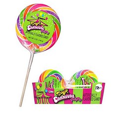 Giant 4.25 Ounce Sour Carnival Lollipop with multi swirl colors with carnival pop label - 12 Count Display Box