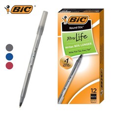 BIC 볼펜 라운드스틱 1.0mm Round Stic 빅펜 12P, 블랙, FREE