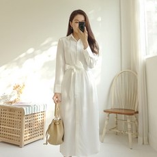 모노위크 허리 벨티드 실키 쉬폰 화이트 셔츠롱원피스
