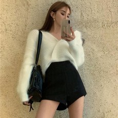 퐁순싸롱 앙고라 퍼 털 브이넥 랩 골지 크롭 숏 니트 SY