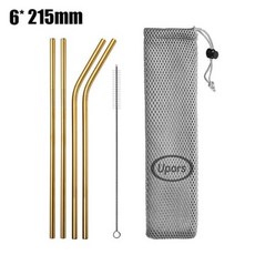 UPORS금속 빨대 215x6mm 실리콘 유지 보수 팁 친환경 스테인리스 스틸 빨대 재사용 가능한 빨대 브러쉬 파우치, 07 Gold with bag