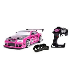 Jada Toys 헬로 키티 닛산 스카이라인 GTR Bnr34 드리프트 파워 슬라이드 엘리트 R/C USB 충전 추가 타이어 4개 핑크