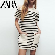 ZARA 여성 니트 반팔원피스 포켓 스트라이프 세일러카라 캐주얼 데일리룩 4331159 066